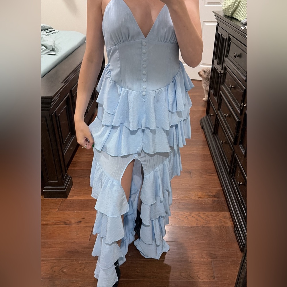 Light Blue Ruffled Tiered Button-Front Maxi Dress